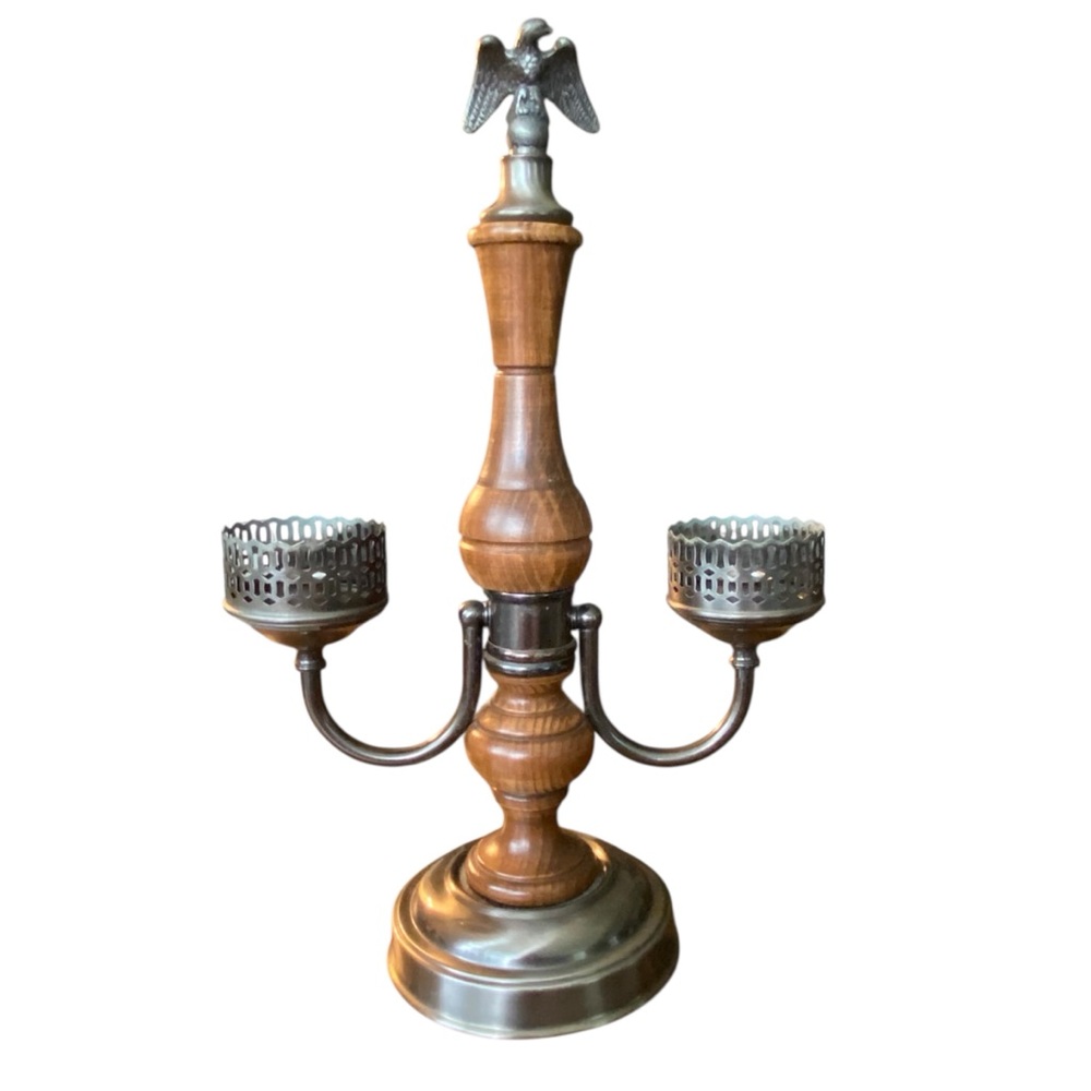 Vintage federal style wood and metal Eagle double armed candle holder